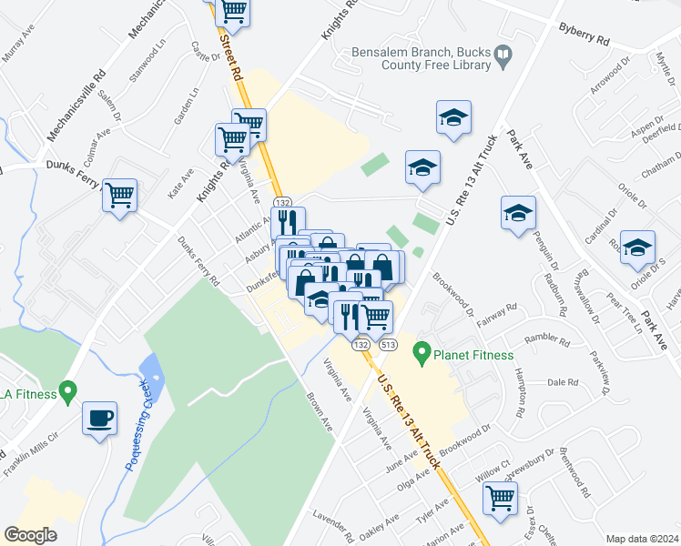 map of restaurants, bars, coffee shops, grocery stores, and more near 2073 Hansell Drive in Bensalem