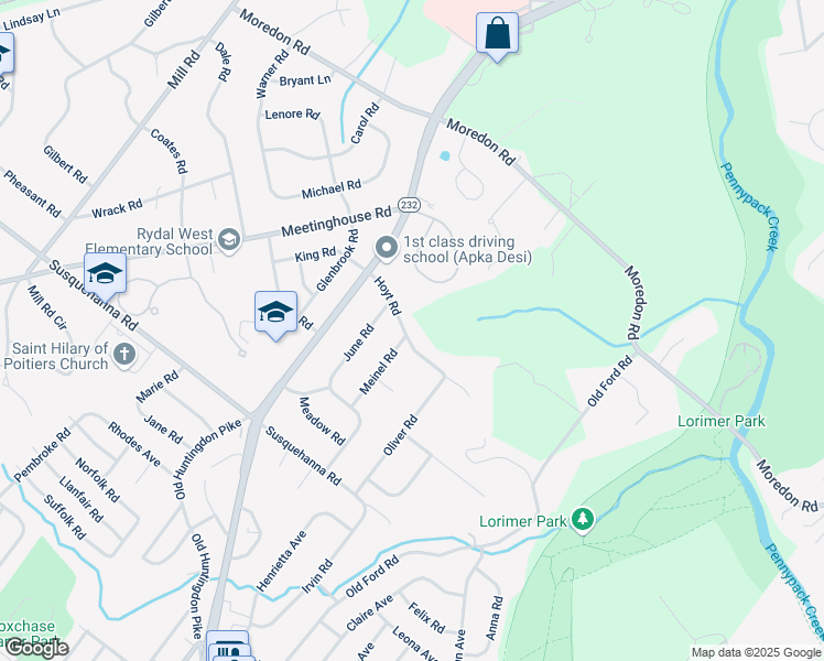 map of restaurants, bars, coffee shops, grocery stores, and more near 573 Hoyt Rd in Huntingdon Valley