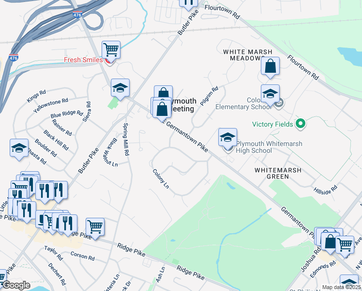 map of restaurants, bars, coffee shops, grocery stores, and more near 3113 Colony Lane in Plymouth Meeting