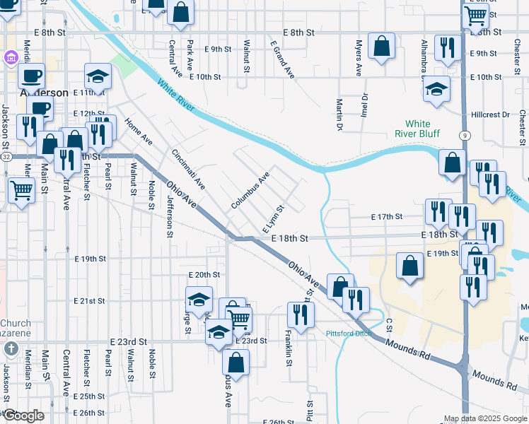 map of restaurants, bars, coffee shops, grocery stores, and more near 1716 Johnson Avenue in Anderson
