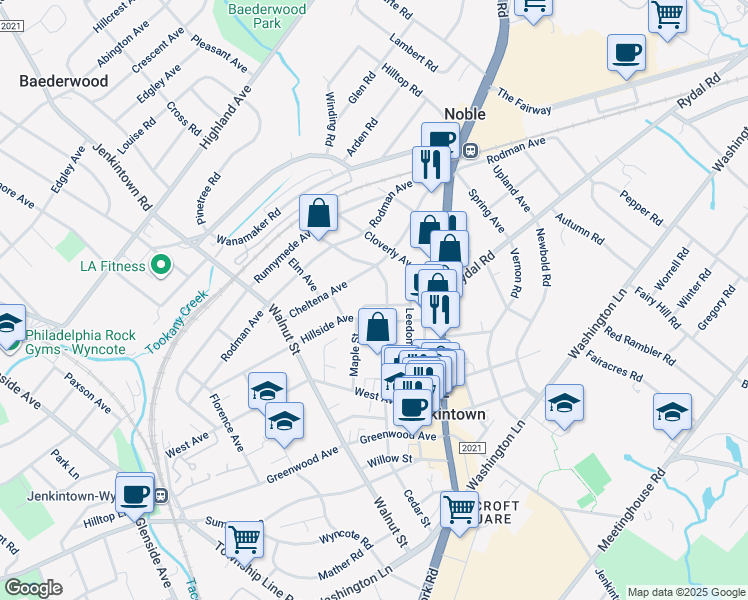 map of restaurants, bars, coffee shops, grocery stores, and more near 509 Shoemaker Avenue in Jenkintown