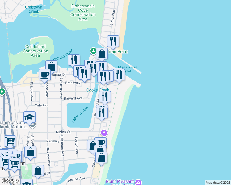 map of restaurants, bars, coffee shops, grocery stores, and more near 5 Bowling Green in Point Pleasant Beach