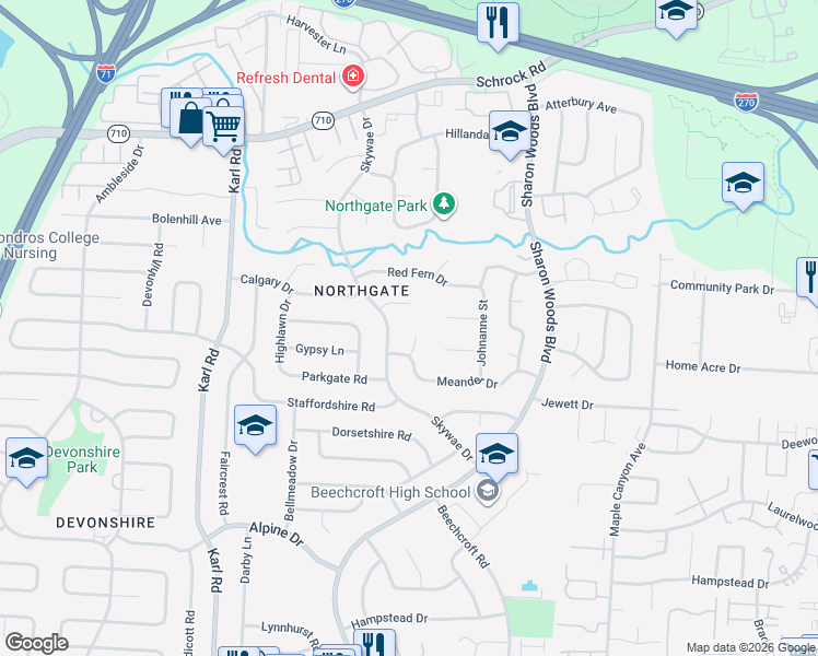 map of restaurants, bars, coffee shops, grocery stores, and more near 6437 Deer Ridge Lane in Columbus