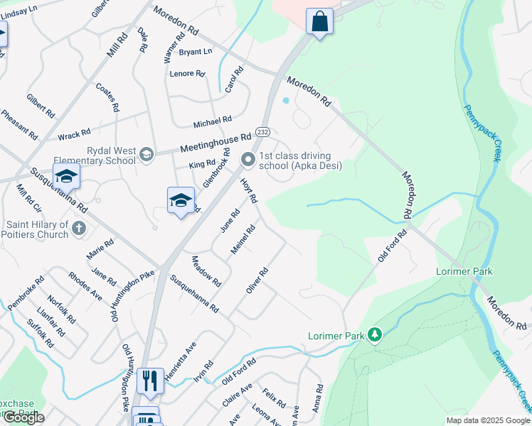 map of restaurants, bars, coffee shops, grocery stores, and more near 573 Hoyt Rd in Huntingdon Valley