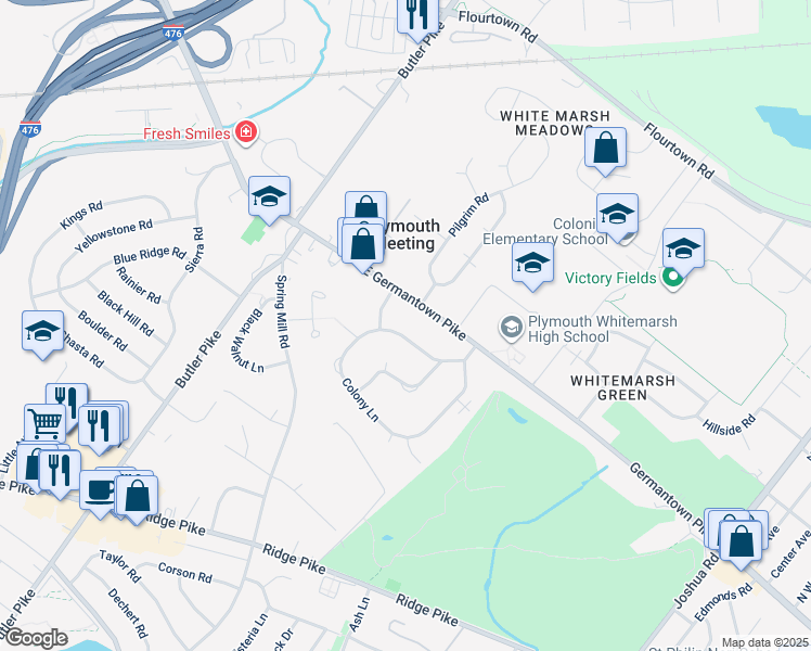 map of restaurants, bars, coffee shops, grocery stores, and more near 3113 Colony Lane in Plymouth Meeting