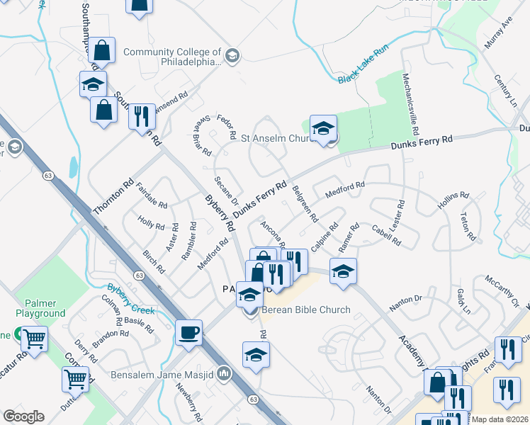 map of restaurants, bars, coffee shops, grocery stores, and more near 3203 Ancona Road in Philadelphia