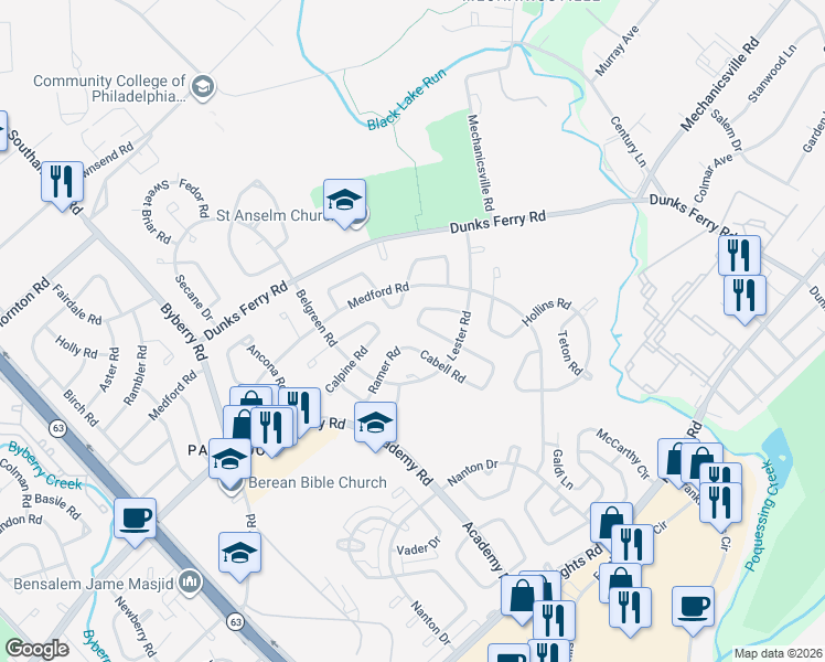 map of restaurants, bars, coffee shops, grocery stores, and more near 12702 Cabell Road in Philadelphia