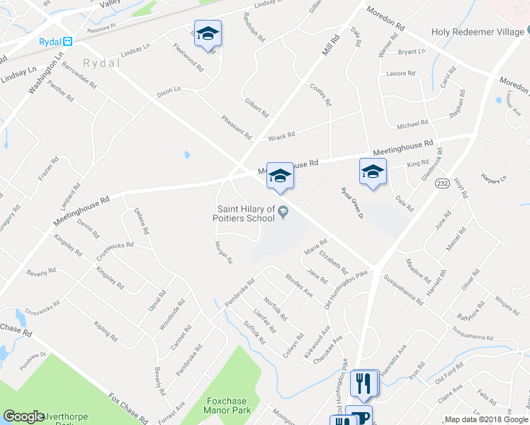 map of restaurants, bars, coffee shops, grocery stores, and more near 1144 Mill Road Circle in Rydal