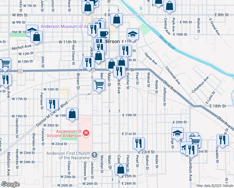 map of restaurants, bars, coffee shops, grocery stores, and more near 1629 Central Avenue in Anderson