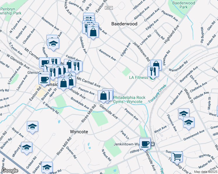 map of restaurants, bars, coffee shops, grocery stores, and more near 2047 Mount Carmel Avenue in Glenside