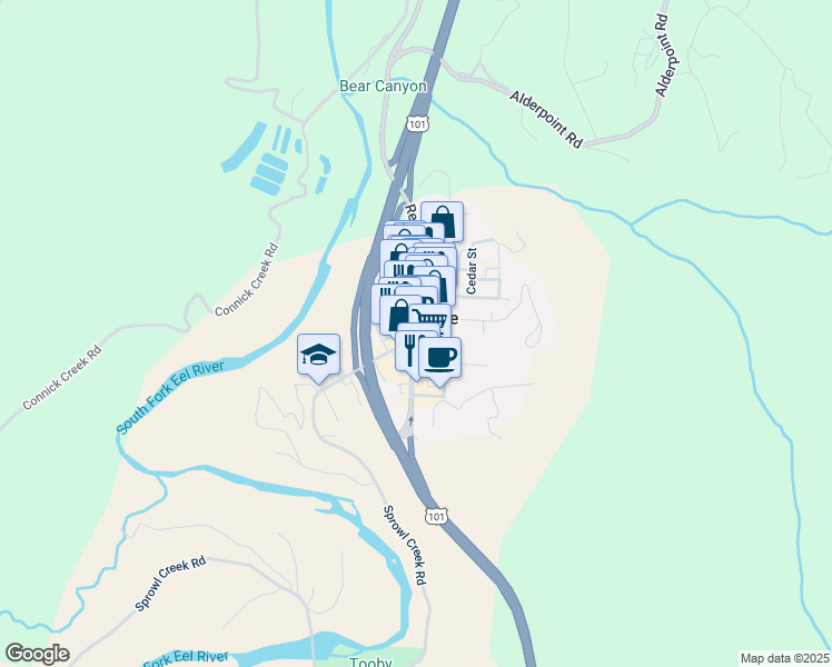 map of restaurants, bars, coffee shops, grocery stores, and more near in Garberville