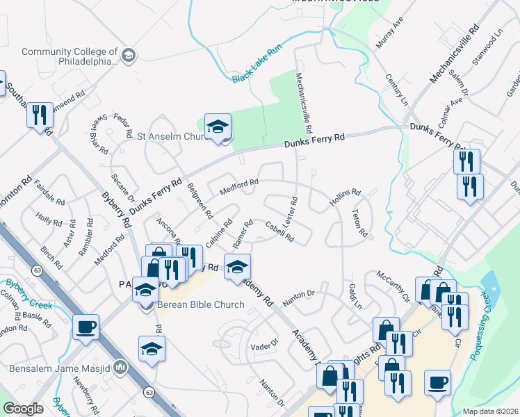 map of restaurants, bars, coffee shops, grocery stores, and more near 12702 Cabell Road in Philadelphia