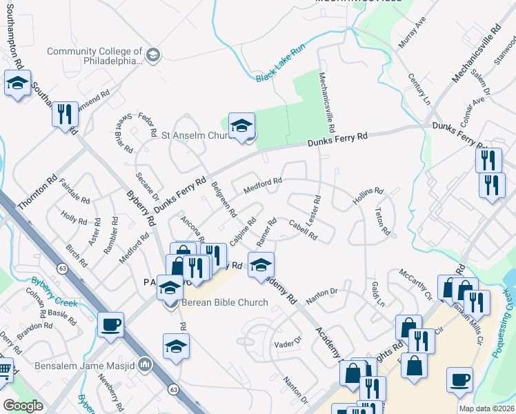 map of restaurants, bars, coffee shops, grocery stores, and more near 12618 Calpine Road in Philadelphia
