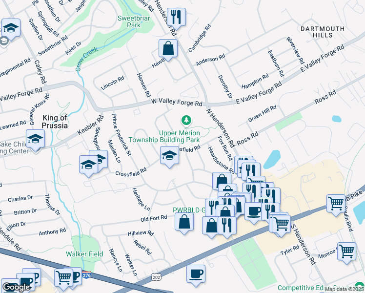 map of restaurants, bars, coffee shops, grocery stores, and more near 206 Crossfield Road in King of Prussia