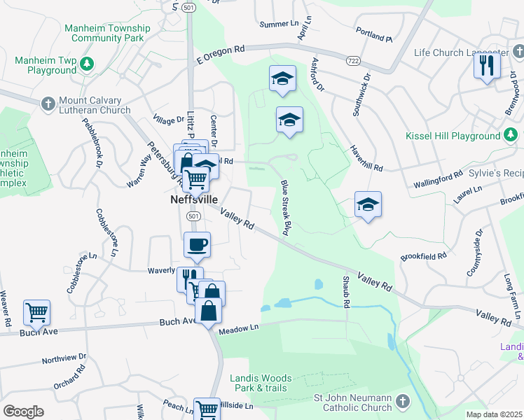 map of restaurants, bars, coffee shops, grocery stores, and more near 89 Valley Road in Lancaster