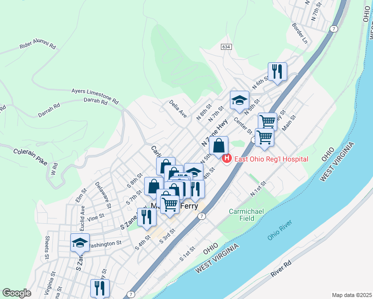 map of restaurants, bars, coffee shops, grocery stores, and more near 227 North 7th Street in Martins Ferry