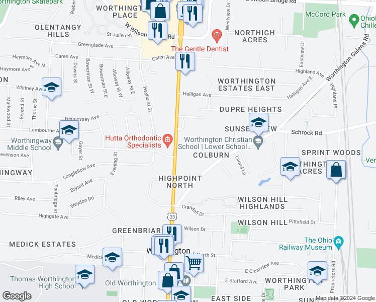 map of restaurants, bars, coffee shops, grocery stores, and more near 60 Colburn Court in Worthington