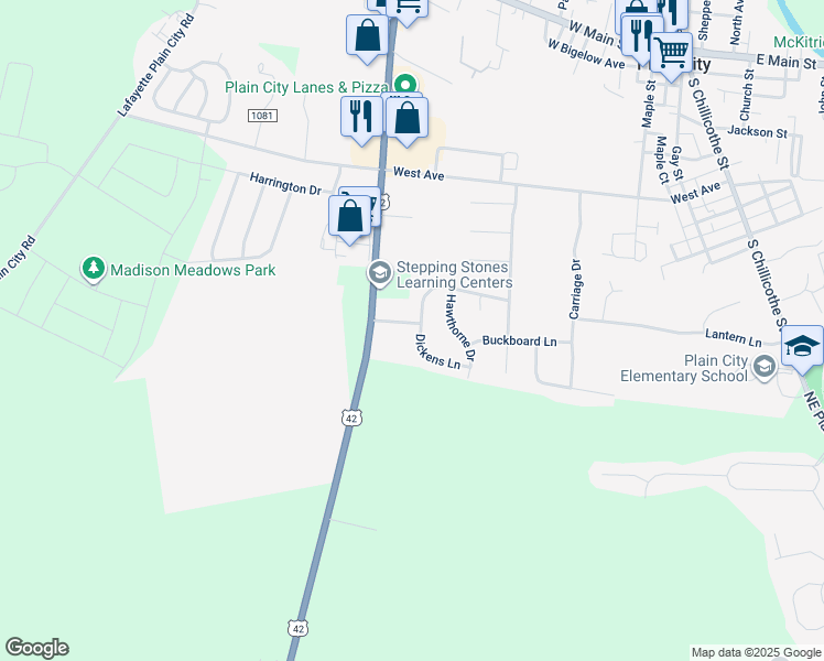 map of restaurants, bars, coffee shops, grocery stores, and more near 6412 Dickens Lane in Plain City
