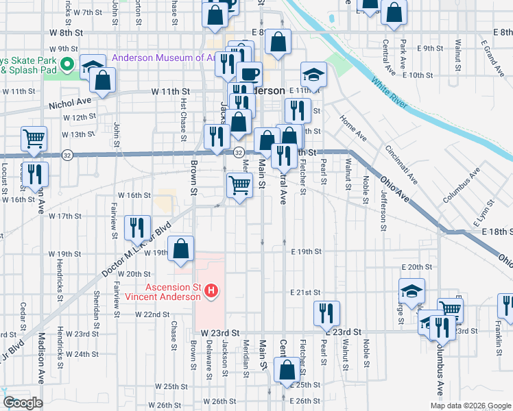 map of restaurants, bars, coffee shops, grocery stores, and more near 1619 Main Street in Anderson