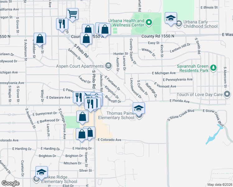 map of restaurants, bars, coffee shops, grocery stores, and more near 1402 Adams Street in Urbana
