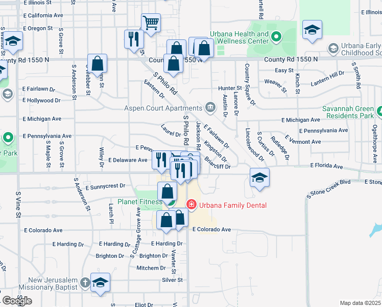map of restaurants, bars, coffee shops, grocery stores, and more near 1505 Philo Road in Urbana