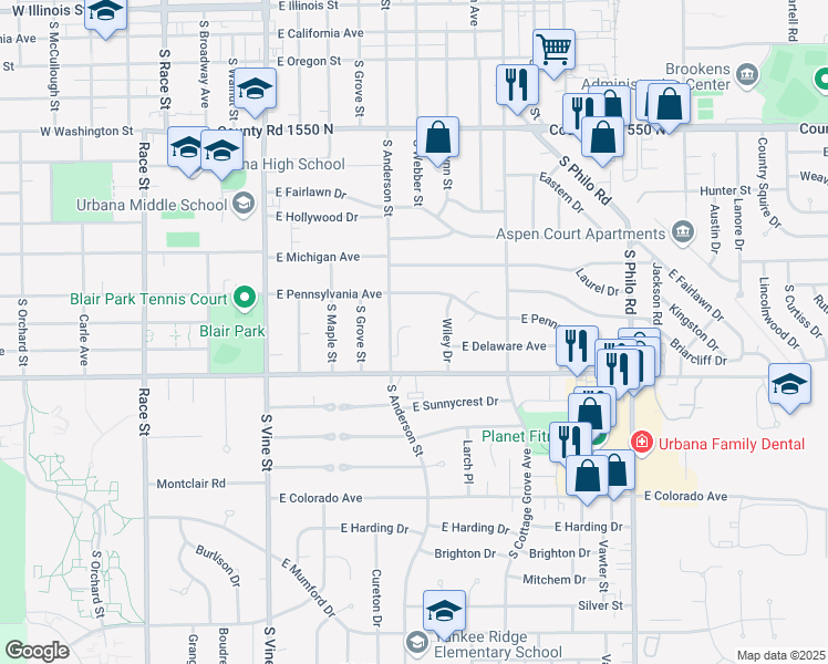 map of restaurants, bars, coffee shops, grocery stores, and more near 1602 South Anderson Street in Urbana