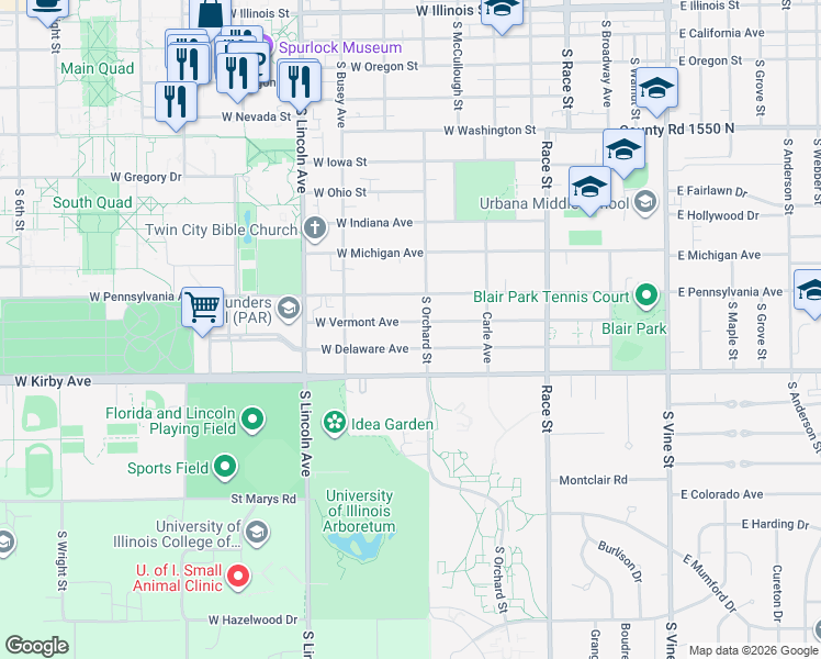 map of restaurants, bars, coffee shops, grocery stores, and more near 605 West Vermont Avenue in Urbana