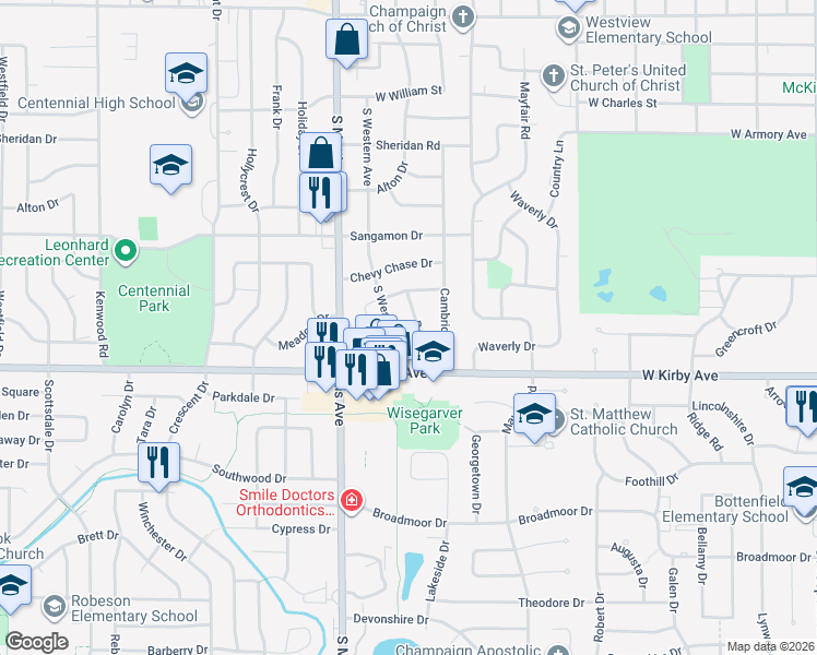 map of restaurants, bars, coffee shops, grocery stores, and more near 1419 Rose Drive in Champaign