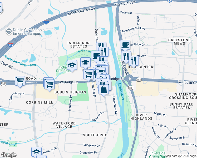 map of restaurants, bars, coffee shops, grocery stores, and more near 20 West Bridge Street in Dublin