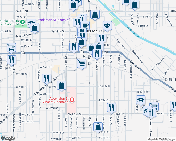 map of restaurants, bars, coffee shops, grocery stores, and more near 1619 Main Street in Anderson