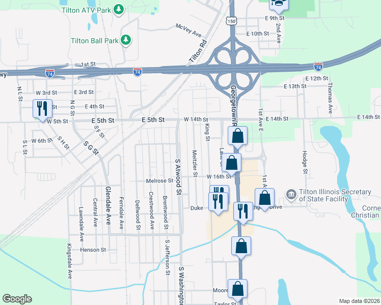 map of restaurants, bars, coffee shops, grocery stores, and more near 1401-1599 Meitzler Street in Tilton