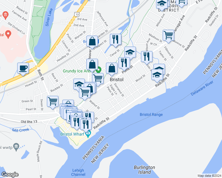 map of restaurants, bars, coffee shops, grocery stores, and more near 331 Penn Street in Bristol