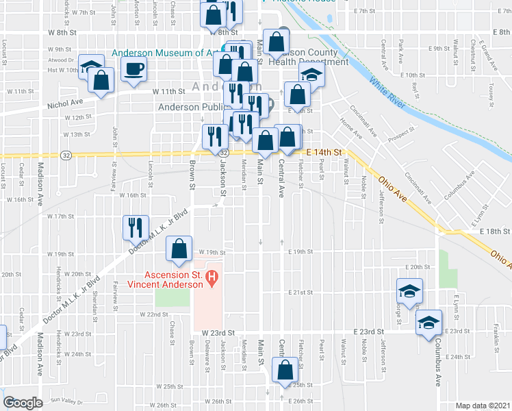 map of restaurants, bars, coffee shops, grocery stores, and more near 1615 Main Street in Anderson