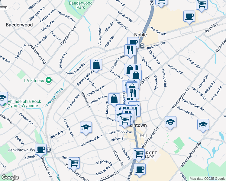 map of restaurants, bars, coffee shops, grocery stores, and more near 509 Shoemaker Avenue in Jenkintown