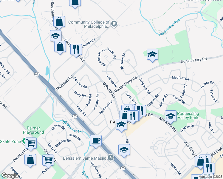 map of restaurants, bars, coffee shops, grocery stores, and more near 3159 Byberry Road in Philadelphia
