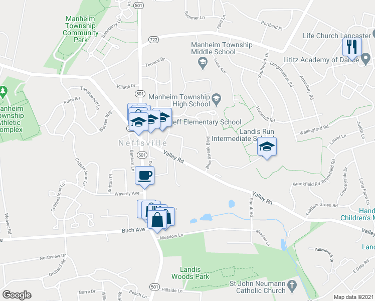 map of restaurants, bars, coffee shops, grocery stores, and more near 89 Valley Road in Lancaster