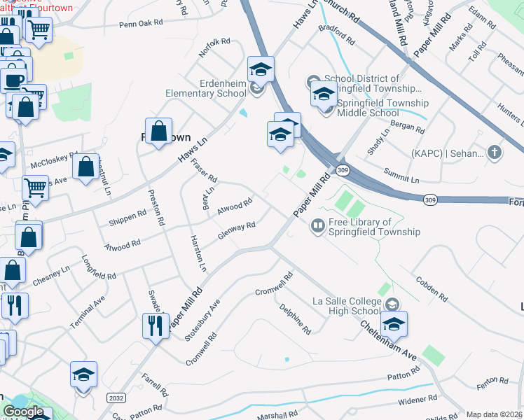 map of restaurants, bars, coffee shops, grocery stores, and more near 417 Glenway Road in Erdenheim