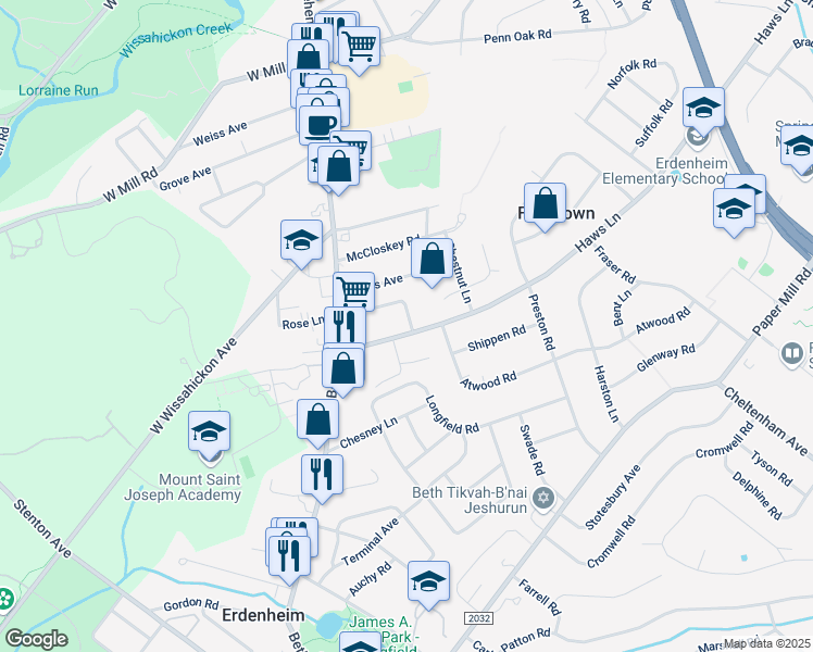 map of restaurants, bars, coffee shops, grocery stores, and more near 30 Franklin Ave in Flourtown
