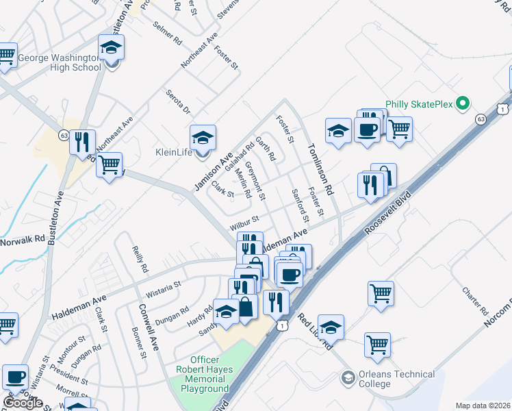 map of restaurants, bars, coffee shops, grocery stores, and more near 1980 King Arthur Road in Philadelphia