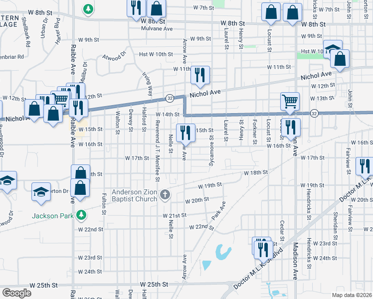 map of restaurants, bars, coffee shops, grocery stores, and more near 1610 Arrow Avenue in Anderson