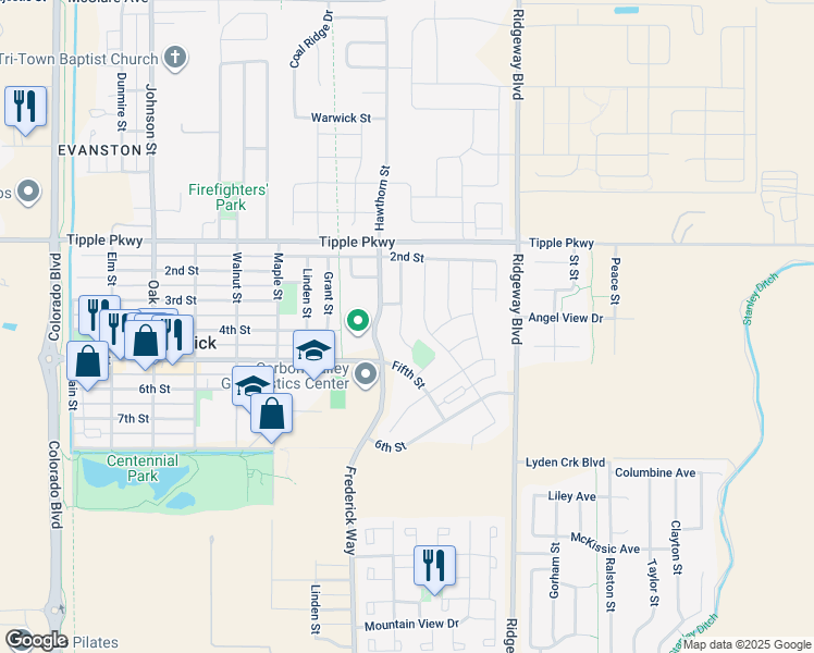 map of restaurants, bars, coffee shops, grocery stores, and more near 406 Pinyon Street in Frederick