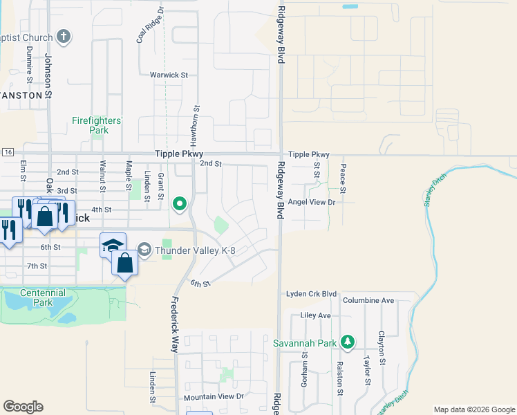 map of restaurants, bars, coffee shops, grocery stores, and more near 6728 Ponderosa Street in Frederick