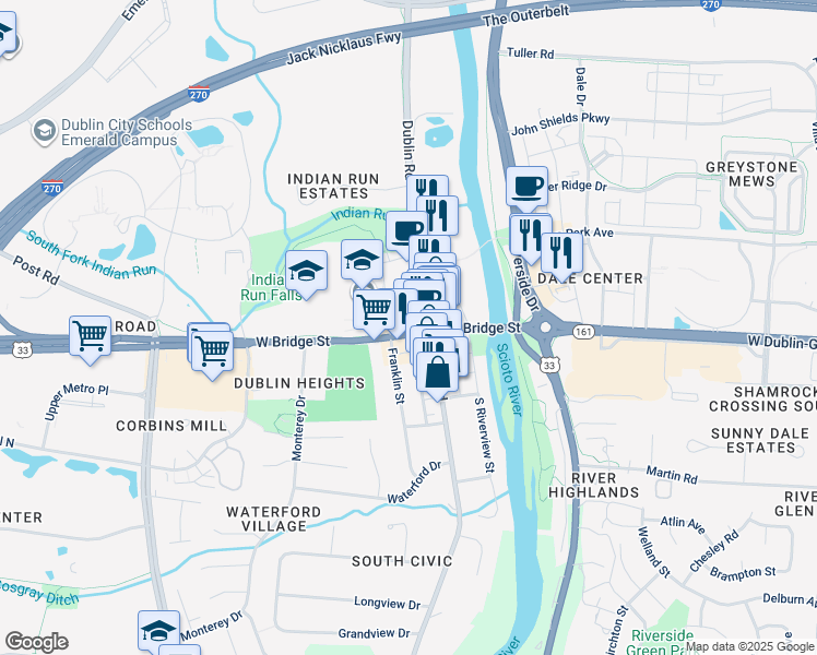 map of restaurants, bars, coffee shops, grocery stores, and more near 32 West Bridge Street in Dublin