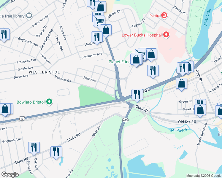 map of restaurants, bars, coffee shops, grocery stores, and more near 213 Park Avenue in Bristol