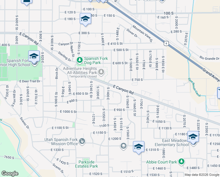 map of restaurants, bars, coffee shops, grocery stores, and more near 1403 East 820 South in Spanish Fork