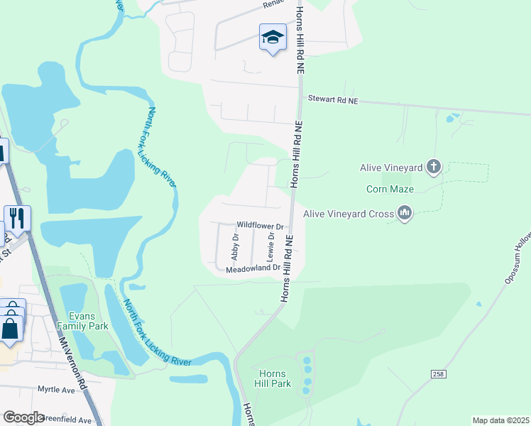 map of restaurants, bars, coffee shops, grocery stores, and more near 532 Wildflower Drive in Newark