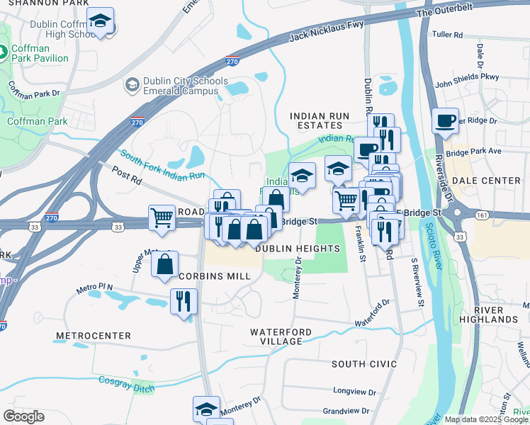 map of restaurants, bars, coffee shops, grocery stores, and more near 220 West Bridge Street in Dublin