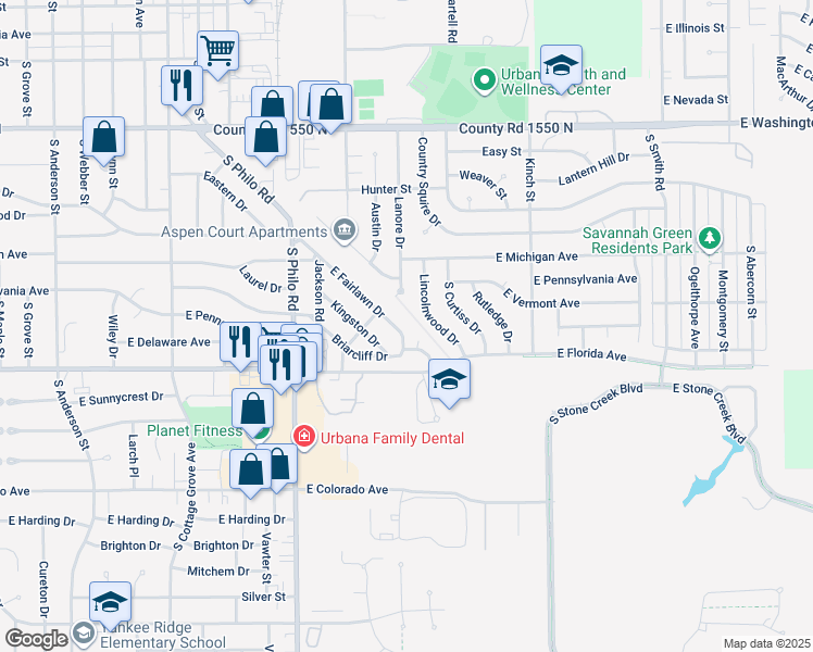 map of restaurants, bars, coffee shops, grocery stores, and more near 1712 East Fairlawn Drive in Urbana
