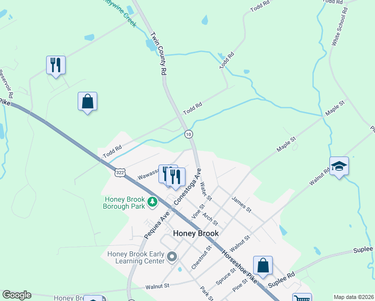 map of restaurants, bars, coffee shops, grocery stores, and more near 400 Wawassan Drive in Honey Brook