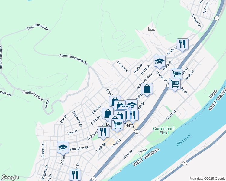 map of restaurants, bars, coffee shops, grocery stores, and more near 110 North 9th Street in Martins Ferry